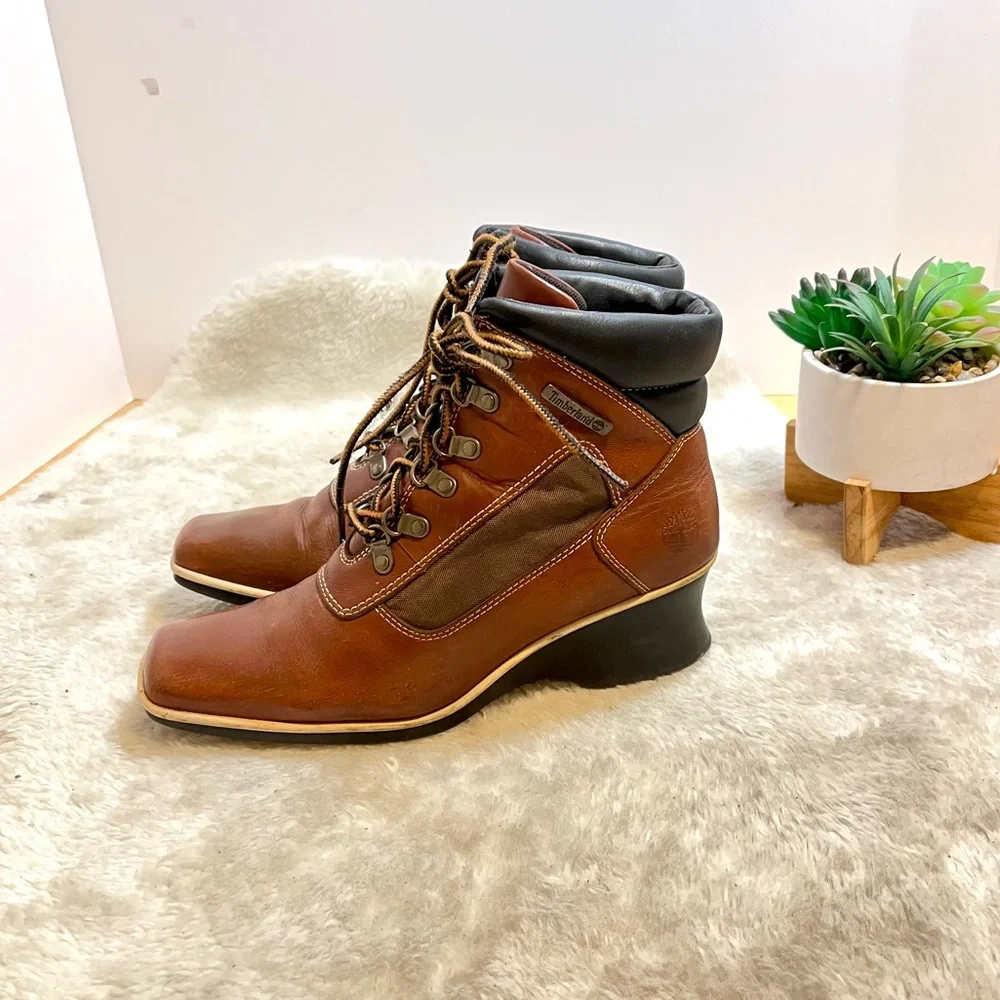 *๐HP ๐ Timberland | Brown Leather Square Toe Lace-Up Wedge Boots Size 6.5 - Picture 2 of 10